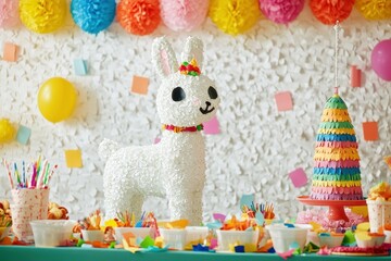 Obraz premium Colorful Party Decor with a Festive Llama, Bright Treats, and Whimsical Decorations for Celebration