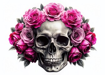 Silhouette Skull with Pink Roses: Gothic Floral Poster, T-Shirt & Tattoo Design