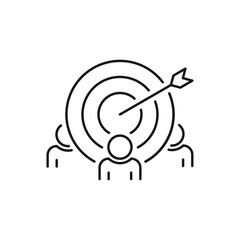 Target audience icon. Depicts a stylized group of figures with a dart hitting a target above them, symbolizing precise candidate search, talent acquisition. Vector illustration