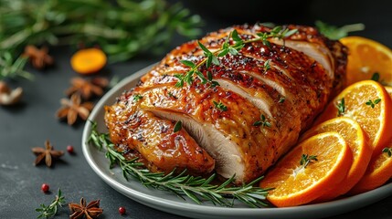 Sizzling roast chicken with citrus garnish kitchen food photography cozy atmosphere close-up culinary delight