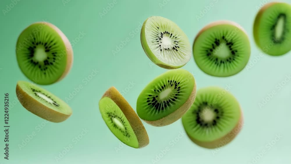 Poster several slices of fresh kiwi fruit are suspended in mid air against a vibrant pastel green backdrop,