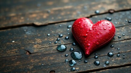 Obraz premium A crimson heart, glistening with water droplets, rests on a rustic wooden surface, evoking feelings of romance and tenderness.
