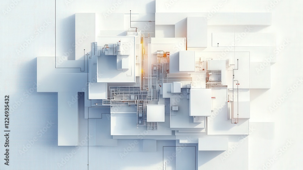 Poster abstract white geometric structures with intricate piping and glowing elements in a modern design