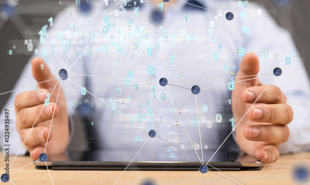 Poster Big data and artificial intelligence concept. Machine learning and cyber mind domination