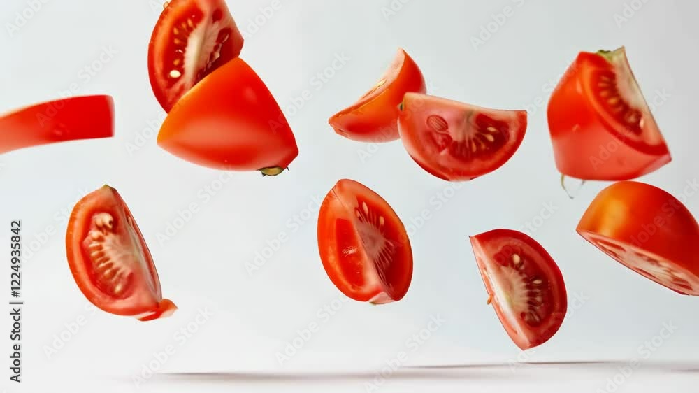 Aufkleber slices of fresh, vibrant red tomatoes levitating in mid air against a pristine white backdrop, creat