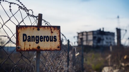 Fototapeta premium Warning Sign at Abandoned Industrial Site