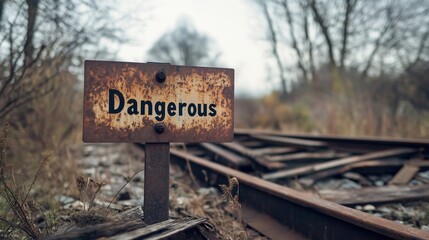 Obraz premium Warning Sign on Abandoned Railway Track