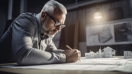Architect Designing Modern House Plans Blueprint Focused Senior Male Professional home work grey    