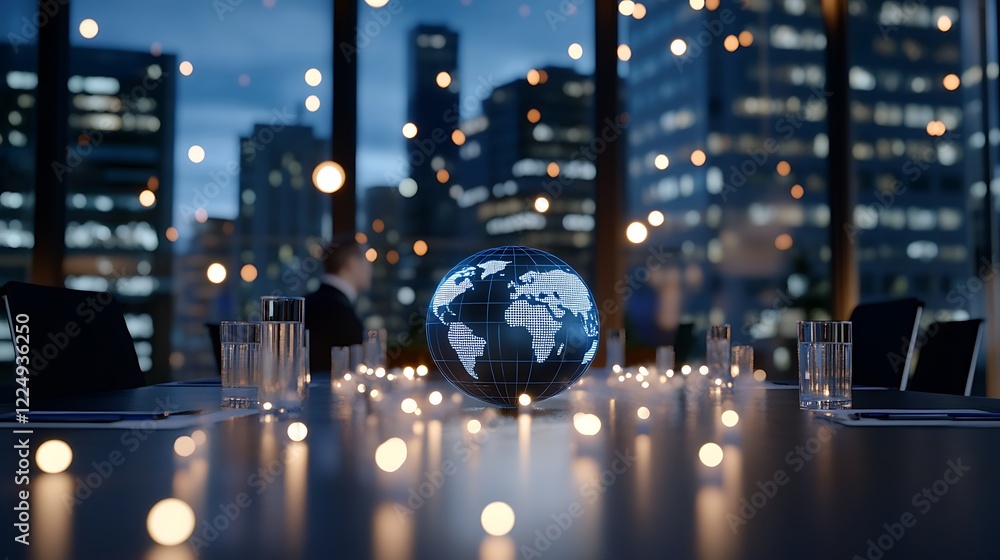 Poster a business meeting discussing global strategies with a glowing map on the table and a city skyline i