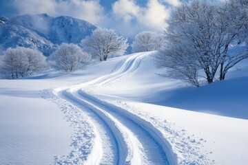 Obraz premium Snow-covered landscape with ski tracks winding through tranquil winter scenery in the mountains