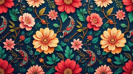 Vibrant Floral Tapestry An Intricate Design Featuring a Multitude of Blossoms, Lush Greenery, and Ornate Paisley Accents on a Rich Dark Blue Background.