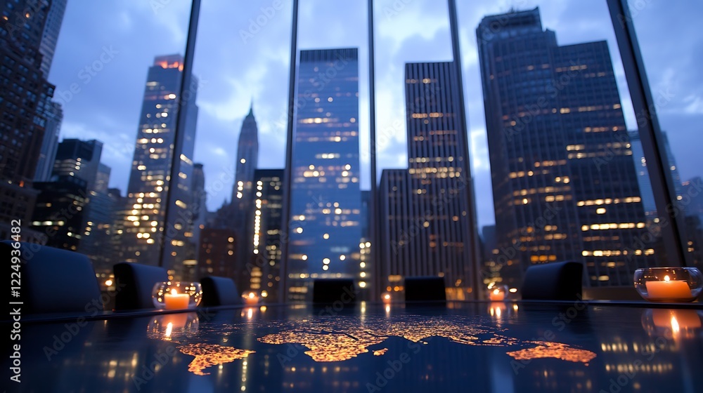 Poster a business meeting discussing global strategies with a glowing map on the table and a city skyline i