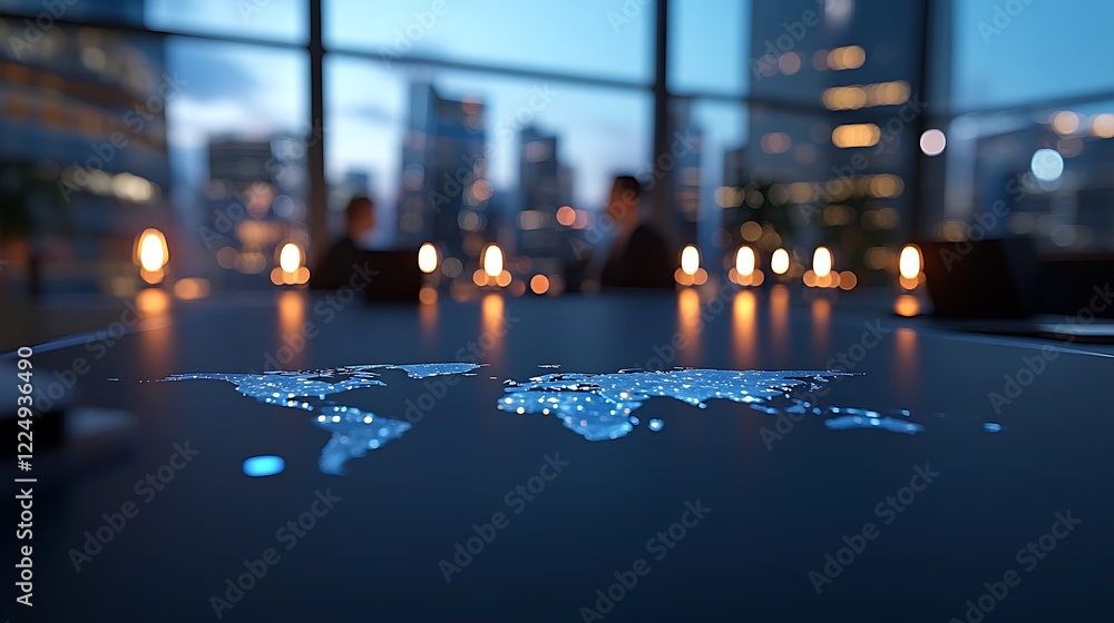 Poster a business meeting discussing global strategies with a glowing map on the table and a city skyline i