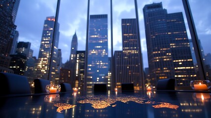 Fototapeta premium A business meeting discussing global strategies with a glowing map on the table and a city skyline in the background