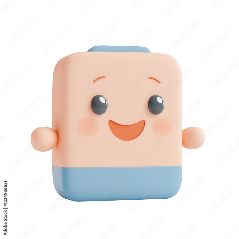 Poster a cheerful animated character with a friendly smile and soft color palette., isolated on a transpare