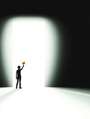 Obraz premium Reaching for the Light - A silhouette of a person stands before a bright doorway, holding a glowing orb aloft. Symbol of hope, opportunity, or new beginnings.