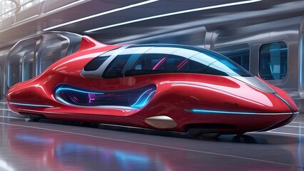 Fototapeta premium A sleek, futuristic red train glides along a track,