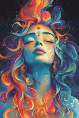 Serene cosmic woman, vibrant hues, flowing hair.