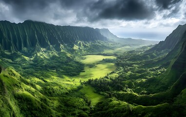 Fototapeta premium a green valley with mountains and clouds