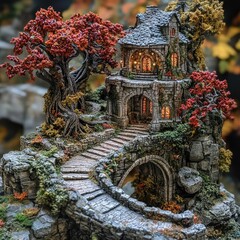 Obraz premium Intricate stone cottage surrounded by vibrant autumn trees on a winding pathway