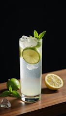 Fototapeta premium Hugo Spritz Sparkling wine elderflower syrup soda lime mint ice over a dark bar counter