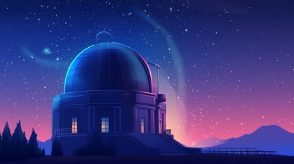 Fototapeta premium Night Observatory Under Starry Sky Peaceful Mountain Landscape Digital Art Illustration Dome Pink 