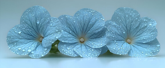 Obraz premium Three Light Blue Flowers with Water Droplets on Petals