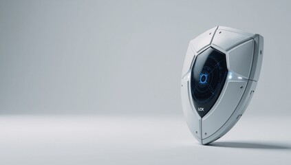 Futuristic virtual shield featuring sleek design  digital textures on a neutral backdrop for showcasing cybersecurity productsservices