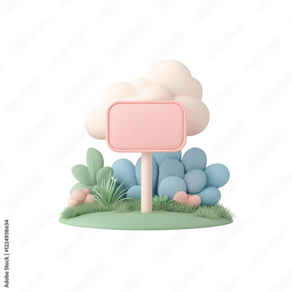 Poster a colorful empty signboard surrounded by greenery and pastel clouds., isolated on a transparent back