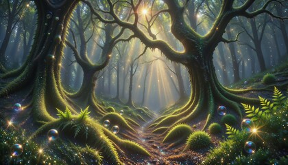 A forest with trees and moss and a sun shining through the trees