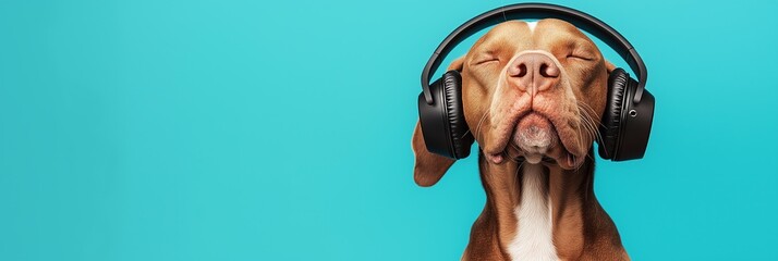 Dog in headphones listening to music. Happy pet. Dog wearing headphones listening to music. dog listening music, while relaxing