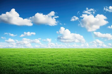 Obraz premium Lush Green Meadow Under Bright Blue Sky With Fluffy White Clouds on a Sunny Day