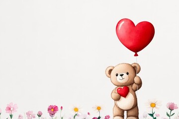 Obraz premium Watercolor Teddy Bear with Heart Balloon - Cute teddy bear, holding a heart, red heart balloon, spring flowers, romantic illustration. Symbolizing love, affection, friendship, tenderness