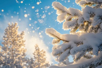 Snowflakes gently fall on frost-covered pine branches in a serene winter landscape under a clear blue sky