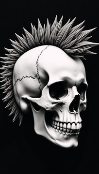 Punk-rock inspired black  white sketch of a human skull wearing a bold spiked mohawk that embodies rebellion and the punk rock aesthetic in an engraved scratchboard style