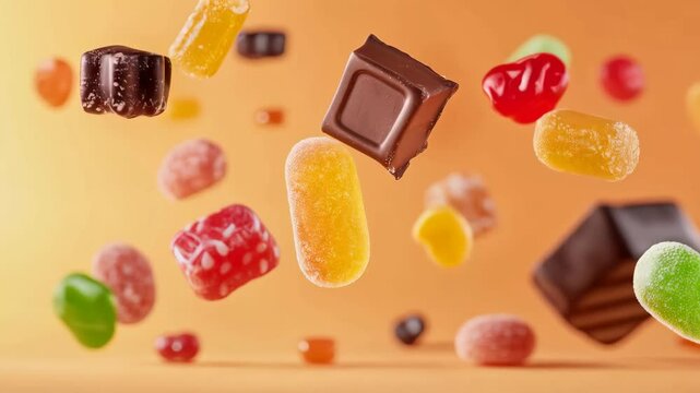 Assorted colorful candies and rich chocolate chunks levitating against a vibrant orange backdrop, creating a playful and enticing visual filled with sweet temptation and fun