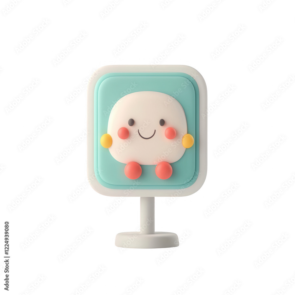 Poster a cute, cartoonish character design with a smiling face and colorful accents., isolated on a transpa
