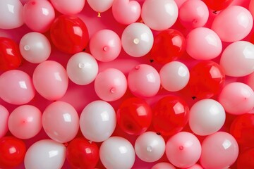 Heart-shaped balloons in red, white, pink colors create a festive atmosphere on a pink background. Valentine's Day background. MZ