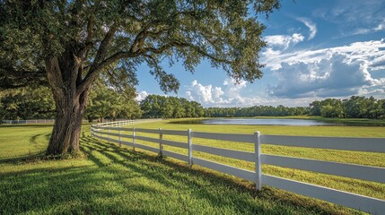 Fototapeta premium Tranquil landscape scene with white fence serene lake nature photography rural environment wide-angle view