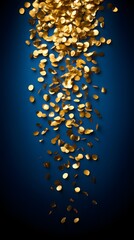 Golden confetti falling on blue background.