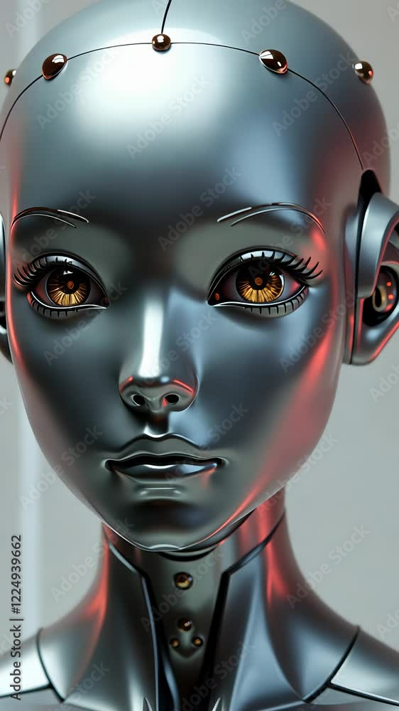 Aufkleber metallic humanoid robot head turns gradually displaying intricate features and detailed design