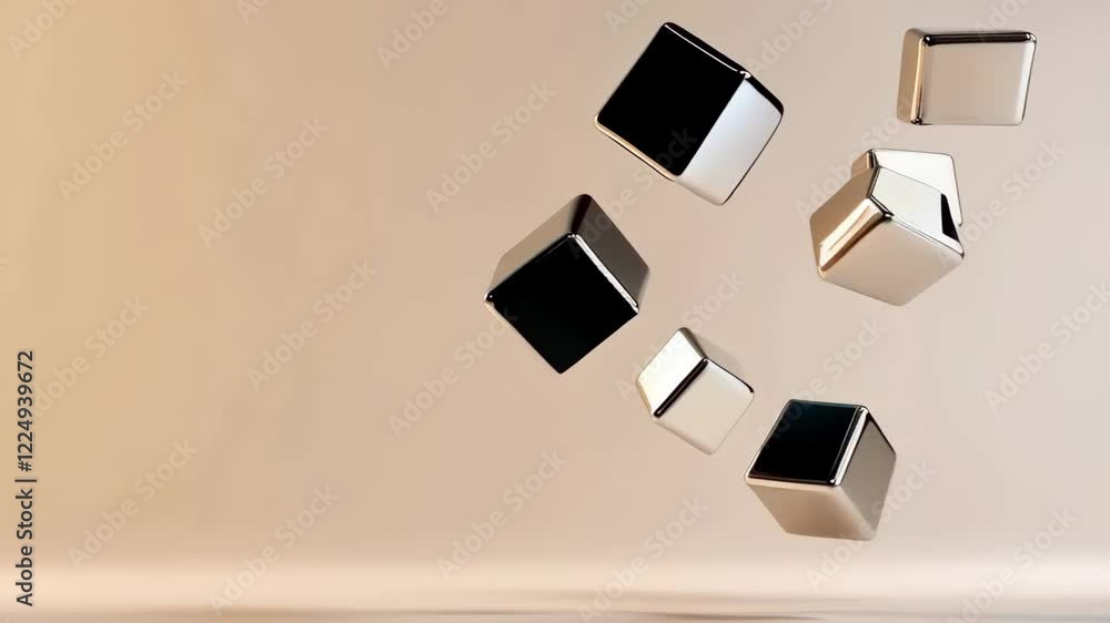 Aufkleber Metallic cubes of different sizes are levitating on a soft beige background, creating a visually appealing abstract composition with reflections of light