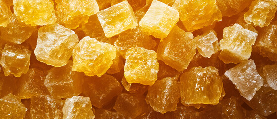 Golden sugar cubes close-up, texture, food