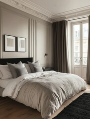 Elegant bedroom interior design modern apartment photograph cozy ambiance wide angle minimalist aesthetic