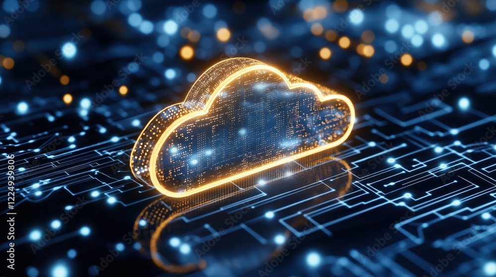Poster illustration of a cloud computing concept with digital circuitry background, highlighting the fusion