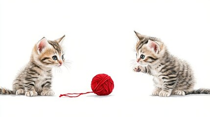 Fototapeta premium Two Gemini Kittens Playing with Yarn Ball - Playful kittens, red yarn ball, springtime, twin energy, feline fun.