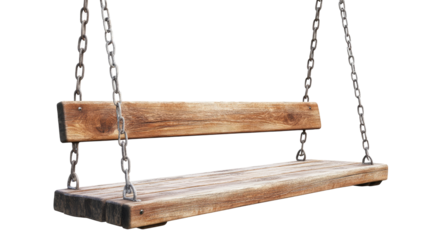 Wooden swing hanging with chains with transparent PNG background