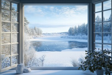 Winter landscape view from cozy cottage window overlooking frozen lake and snow-covered trees