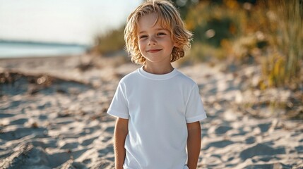 With a joyful expression, a little boy stands on a sandy beach wearing a plain white mock up t-shirt. The gentle sunlight casts warm hues, enhancing the tranquil atmosphere of the scene