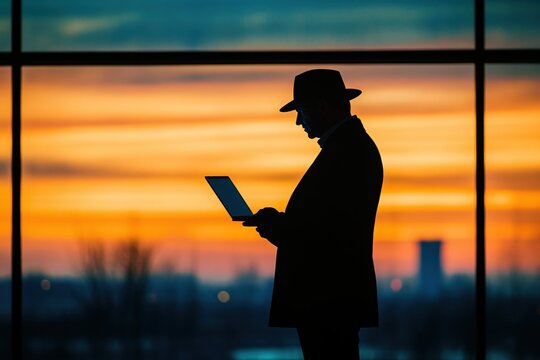 Silhouette of person with hat using laptop against vibrant sunset sky through large window